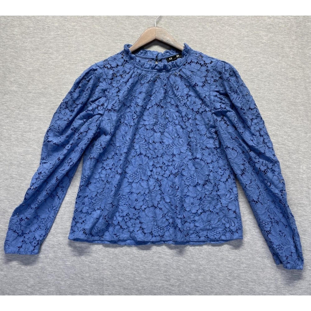 Express Blouse Top Women Petite Small Blue Floral Delicate Lace Trim Ruffle Neck